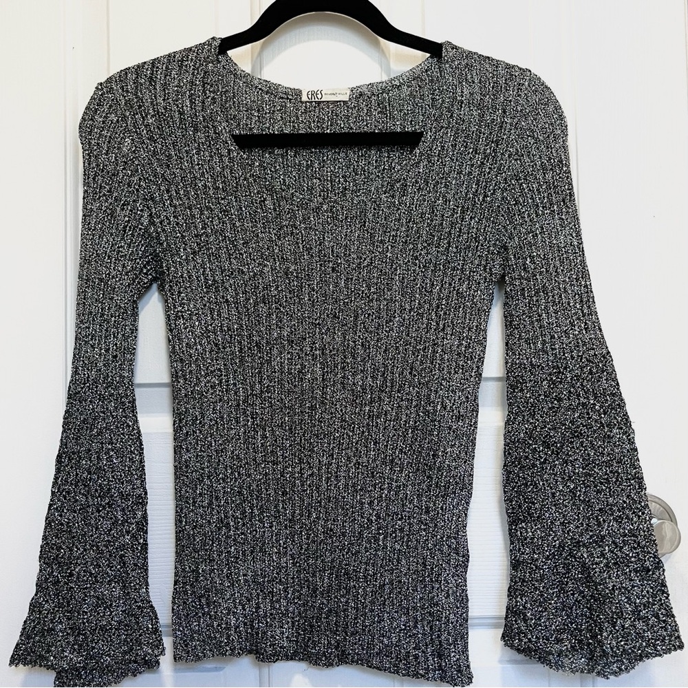 Eres Beverly Hills Metallic Ribbed Bell Sleeve Top
